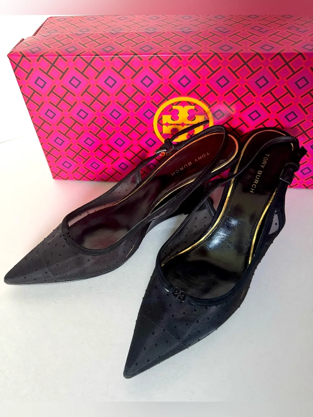 NWOT Tory Burch Black Pointed Doible T Polka Dot Mesh Slingback Wedge US6.5